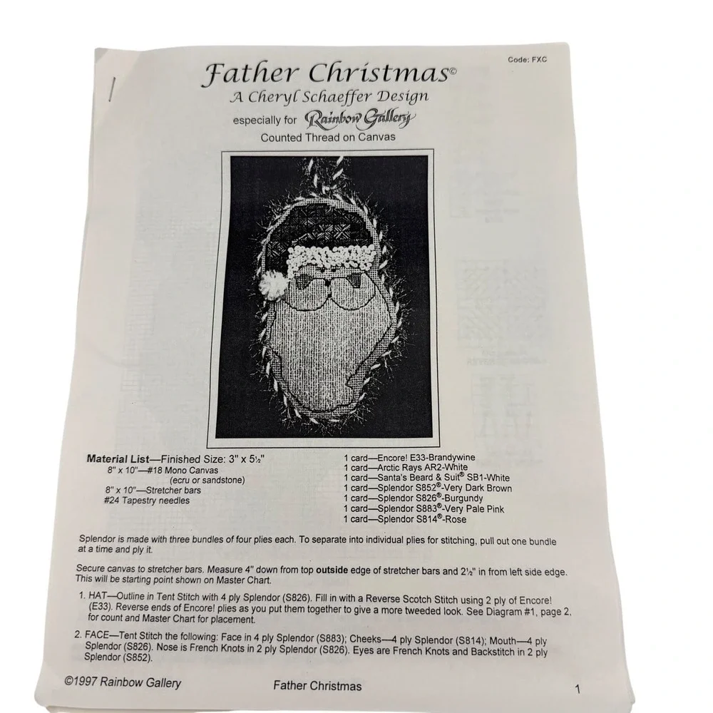 Rainbow Gallery Father Christmas Needlepoint Kit Cheryl Schaeffer Started‎ READ